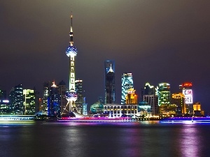 water, tower, Town, China, night