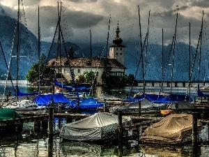 water, Boats, Church, Mountains