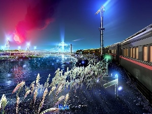 water, Train, graphics, Cross, Kagaya