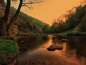 green, water, Mountains