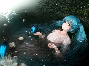 water, butterfly, Hatsune Miku