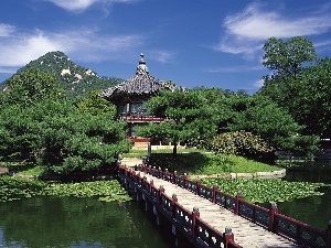 water, bridges, Garden, mountains, asiatic