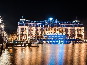 water, Night, Hotel hall, reflection, Amsterdam