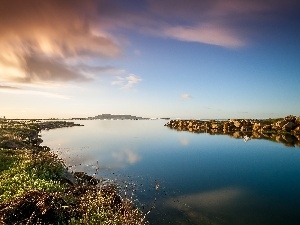 water, Stones, Sky, clouds