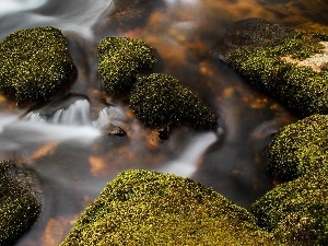 water, Cascades, Stones, Moss