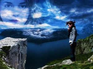 water, clouds, Emma Watson, Mountains