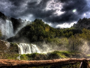 waterfall, woods, clouds, Mountains