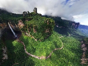 forest, waterfall, Mountains