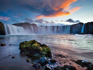 clouds, Przebijaj?ce, ligh, flash, sun, River, rocks, luminosity, waterfall