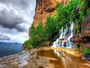 Mountains, waterfall, clouds