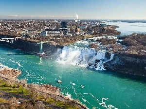 town, waterfall, panorama