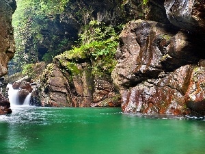 waterfall, rocks, turquoise, lake