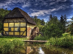 Watermill, footbridge, forest, Bikes, stream