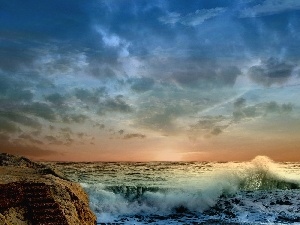 Waves, Rocks, clouds, sea