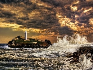 Waves, sea, Lighthouses, Great Sunsets