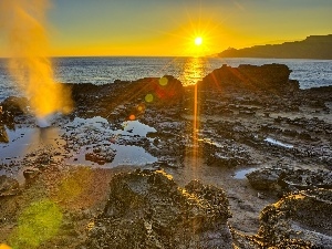 Waves, rays, sea, east, Stones, sun