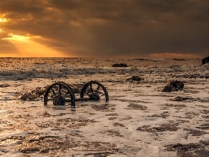 Waves, sea, west, Stones, sun