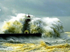 Waves, sea, Lighthouse, Storm, maritime