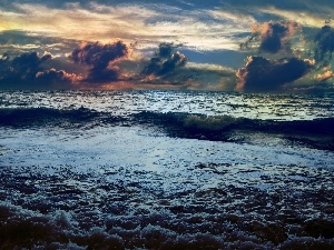 Waves, sea, Great Sunsets, clouds