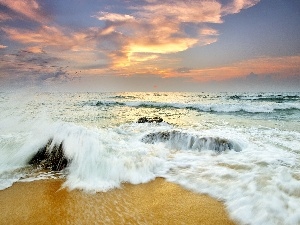 Waves, sea, west, sun