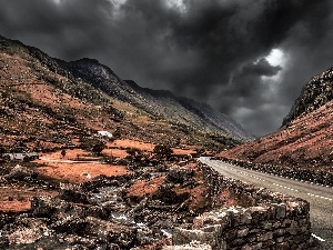 Stones, Way, Houses, Mountains, Sky, Black, rocks, clouds