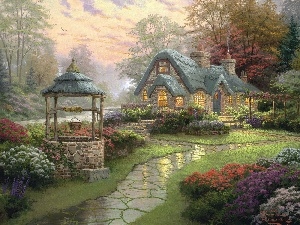 picture, well, Garden, Thomas Kinkade, manor-house