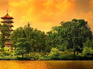 west, trees, viewes, River, China, house