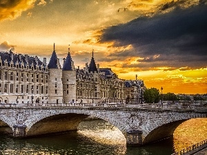 Paris, west, bridge, palace, sun, Justice, River