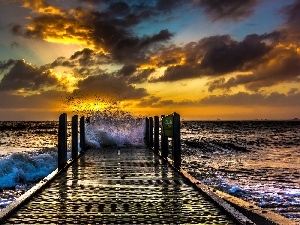 west, clouds, sea, pier, Waves