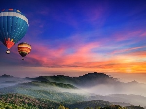 west, Sky, Balloons, sun, Mountains