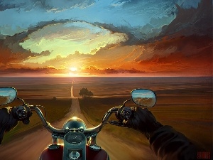 west, motor-bike, picture, sun, Way