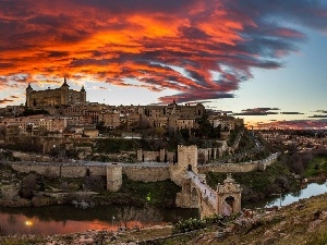 west, clouds, Castle, sun, Moat