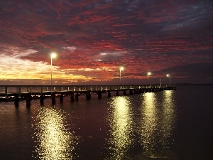 west, lanterns, clouds, lake, sun, Platform