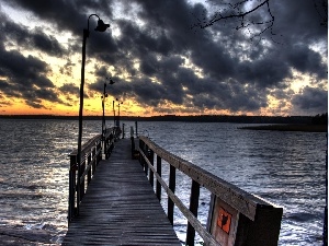 west, dark, clouds, sea, sun, pier