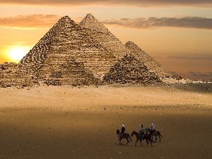 west, Riders, Desert, sun, Pyramids
