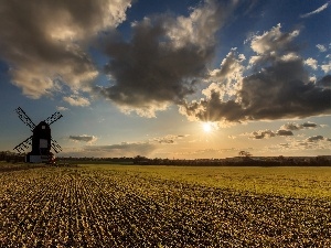 west, clouds, Field, sun, Windmill