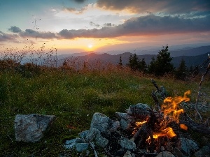 west, woods, fire, sun, Mountains