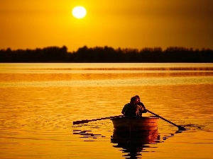 west, lake, forest, Boat, sun, People