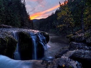 west, rocks, forest, River, sun, waterfall