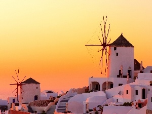west, santorini, Greece, Windmills, sun, Houses