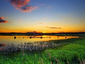 west, clouds, lake, sun, grass