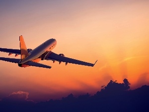 west, clouds, plane, sun, passenger