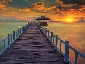 west, clouds, Platform, sun, sea