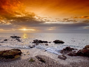 west, clouds, sea, sun, rocks