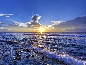 west, clouds, sea, sun, Waves