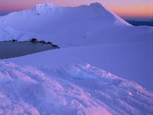 west, lake, sea, mountains, sun, Ice