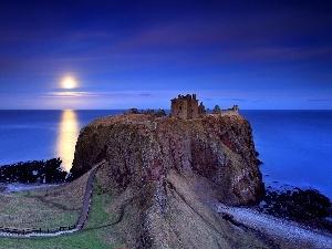 west, ruins, sea, sun, rocks