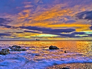 west, Stones, sea, sun, coast