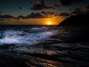 west, Waves, sea, sun, rocks