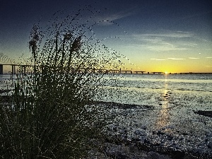 west, grass, Stones, River, sun, bridge